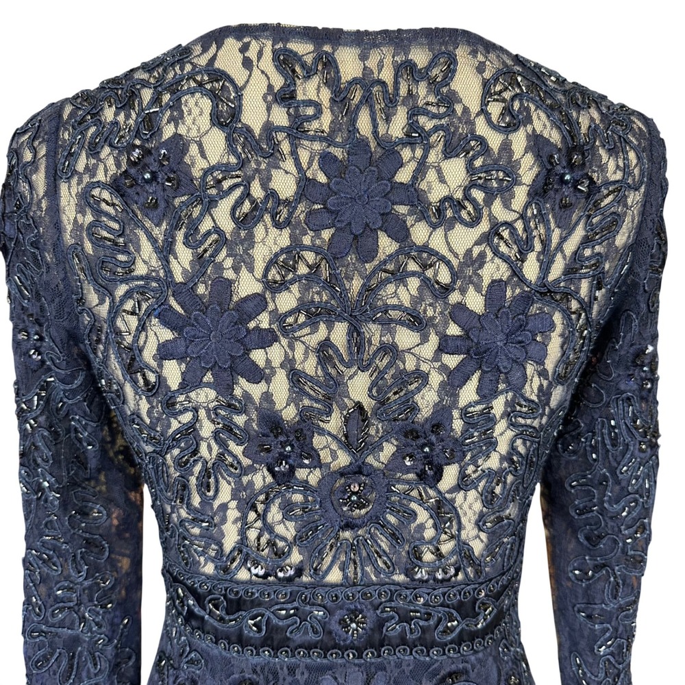 Sue Wong Navy Blue Beaded Lace Cocktail Dress V-Neck 3/4 Sleeve Formal Gown - Picture 14 of 16